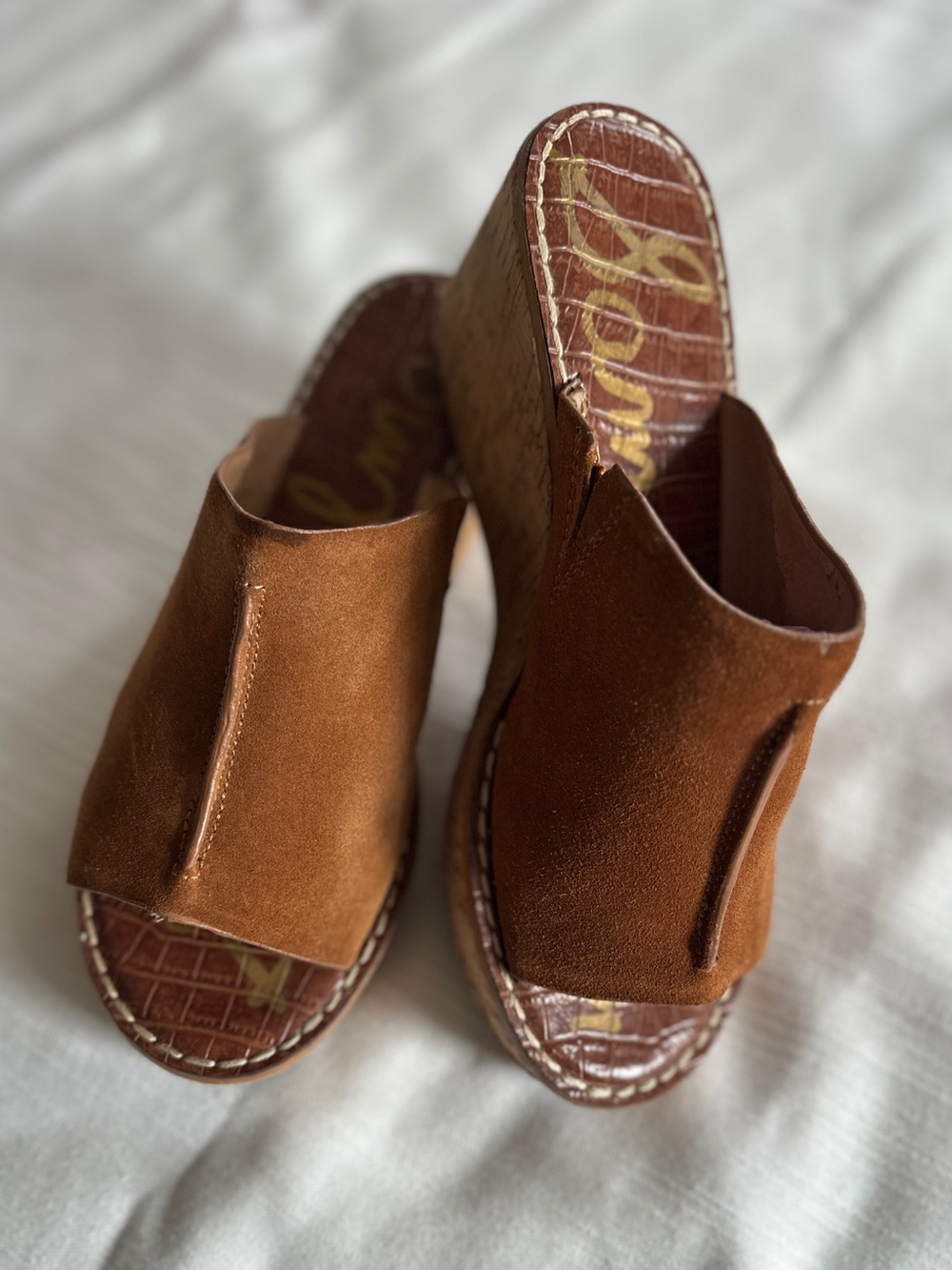 Sam Edelman Ranger Saddle Brown Suede Cork Platform Wedge Sandals | 8.5